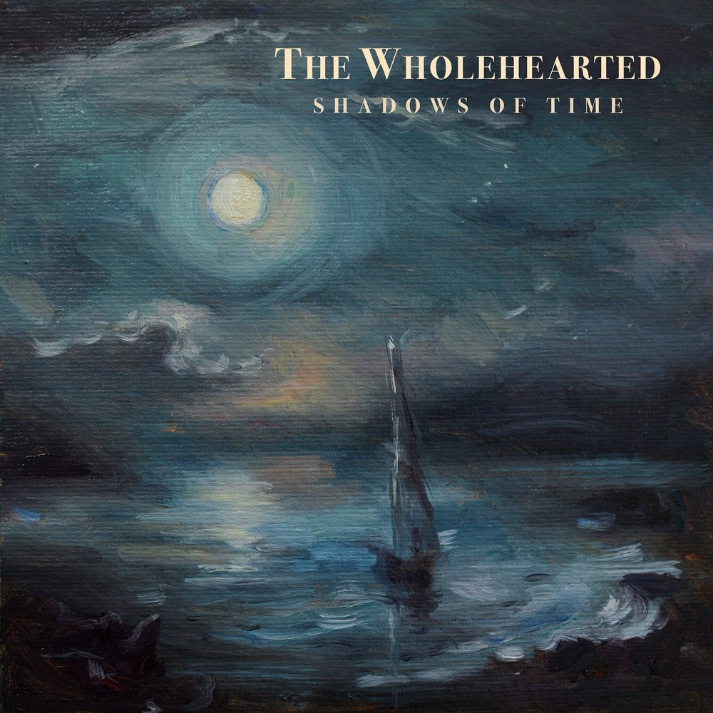Shadows of Time cover art: an oil painting of a sailing boat under a full moon